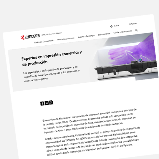 Captura de pantalla de sitio web de Kyocera centro de impresión de producción