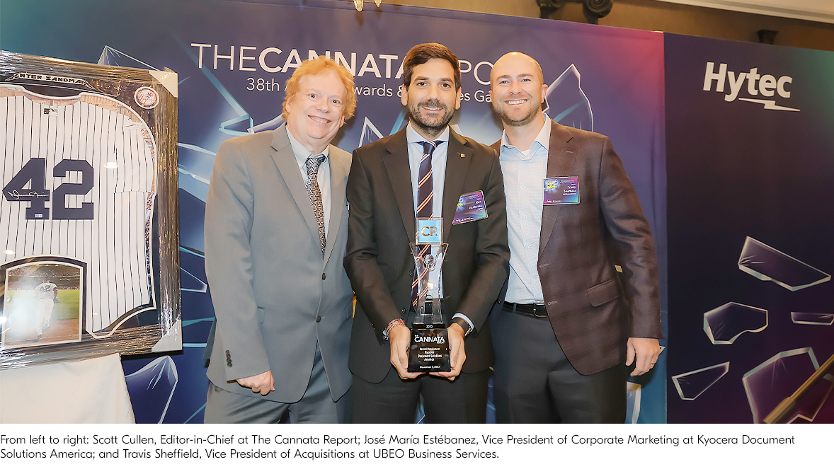 From left to right: Scott Cullen, Editor-in-Chief at The Cannata Report; José María Estébanez, Vice President of Corporate Marketing at Kyocera Document Solutions America, Inc.; and Travis Sheffield, Vice President of Acquisitions at UBEO Business Services.
