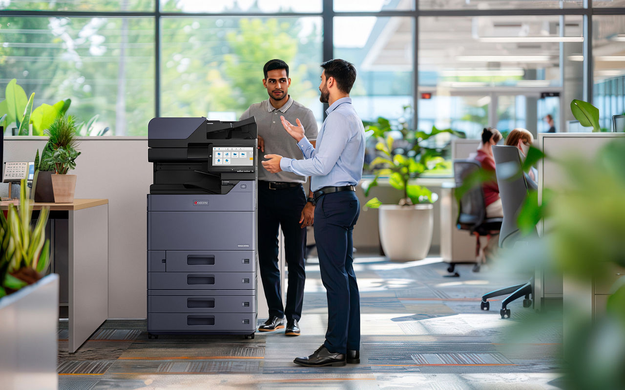 Colleagues engaging in a modern workspace.