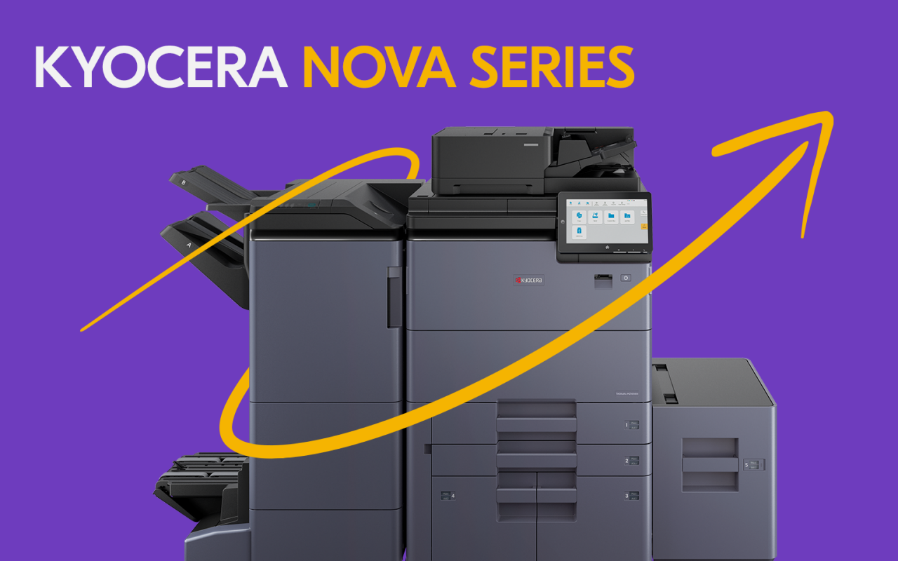 Nova Series A3 MFP with an upward arrow and a colorful illuminated background.