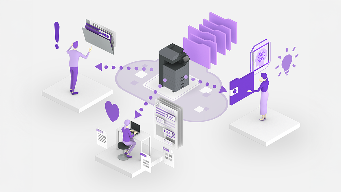 Icons of professionals using printing software to sort and manage data securely with their printer and content services.