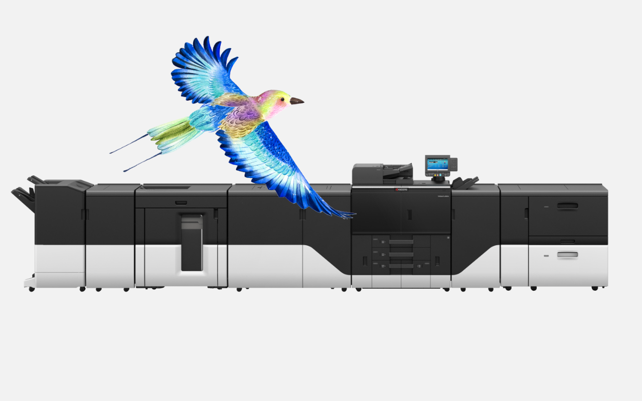 Foto de TASKalfa Pro 15000c, impresora de inyección de tinta, con un pájaro que representa la división de impresión comercial.