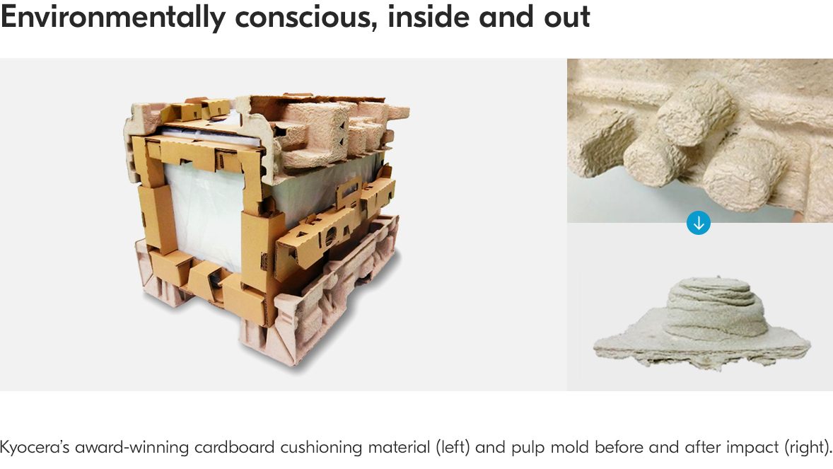 Kyocera’s award-winning cardboard cushioning material (left) and pulp mold before and after impact (right). Kyocera’s award-winning cardboard cushioning material (left) and pulp mold before and after impact (right).